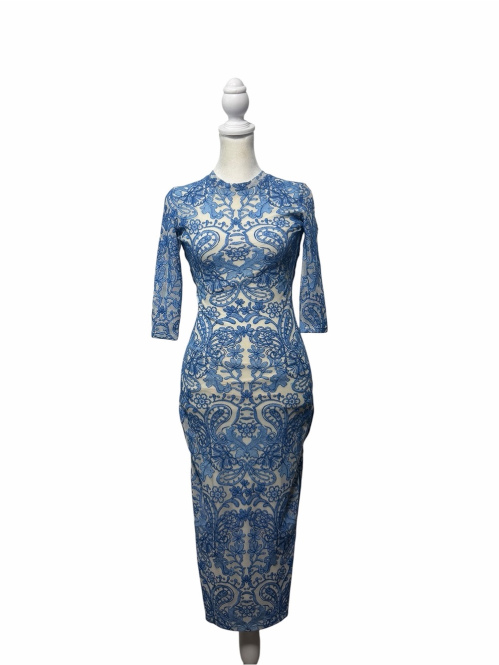 Jade by Johnny Was Blue Paisley Embroidered Mesh Midi Dress XS NWOT